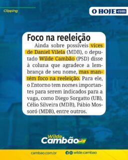 Saiu na mídia 📲💻🔈🔈🔈

“Foco na reeleição - Ainda sobre possíveis vices de Daniel Vilela (MDB), o deputado *Wilde Cambão* (PSD) disse à coluna que agradece a lembrança de seu nome, mas mantém foco na reeleição. Para ele, o Entorno tem nomes importantes para serem indicados para a vaga, como Diego Sorgatto (UB), Célio Silveira (MDB), Pábio Mossoró (MDB), entre outros”.

Leia a matéria completa no link 🔗 https://ohoje.com/wp-content/uploads/2026/03/EDICAO-7052-05-03-2026-JORNAL-O-HOJE-1.pdf
.
.
#WildeCambão #DeputadoEstadual #Imprensa #Clipping
