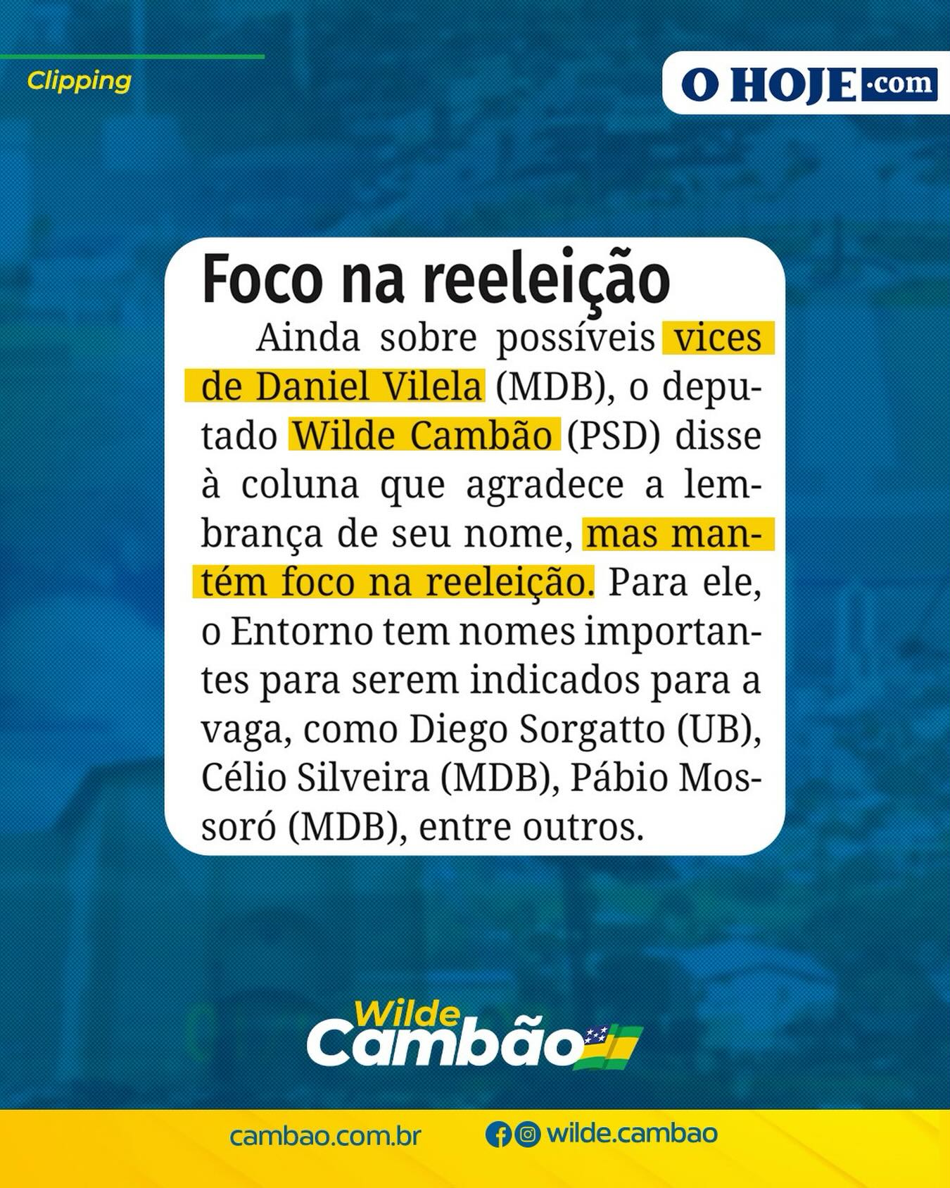 Saiu na mídia 📲💻🔈🔈🔈

“Foco na reeleição - Ainda sobre possíveis vices de Daniel Vilela (MDB), o deputado *Wilde Cambão* (PSD) disse à coluna que agradece a lembrança de seu nome, mas mantém foco na reeleição. Para ele, o Entorno tem nomes importantes para serem indicados para a vaga, como Diego Sorgatto (UB), Célio Silveira (MDB), Pábio Mossoró (MDB), entre outros”.

Leia a matéria completa no link 🔗 https://ohoje.com/wp-content/uploads/2026/03/EDICAO-7052-05-03-2026-JORNAL-O-HOJE-1.pdf
.
.
#WildeCambão #DeputadoEstadual #Imprensa #Clipping