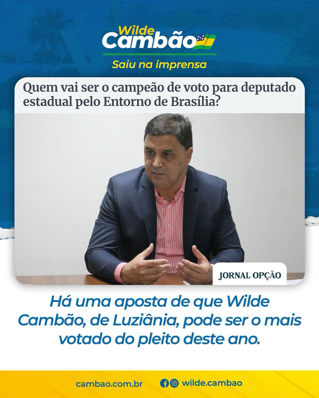Saiu na mídia 📲💻🔈🔈🔈

“Há uma aposta de que Wilde Cambão, de Luziânia, pode ser o mais votado do pleito deste ano”.

👉🏽 Leia a matéria completa no link 🔗 https://www.jornalopcao.com.br/bastidores/quem-vai-ser-o-campeao-de-voto-para-deputado-estadual-pelo-entorno-de-brasilia-819404/
.
.
#WildeCambão #DeputadoEstadual #Imprensa #Clipping