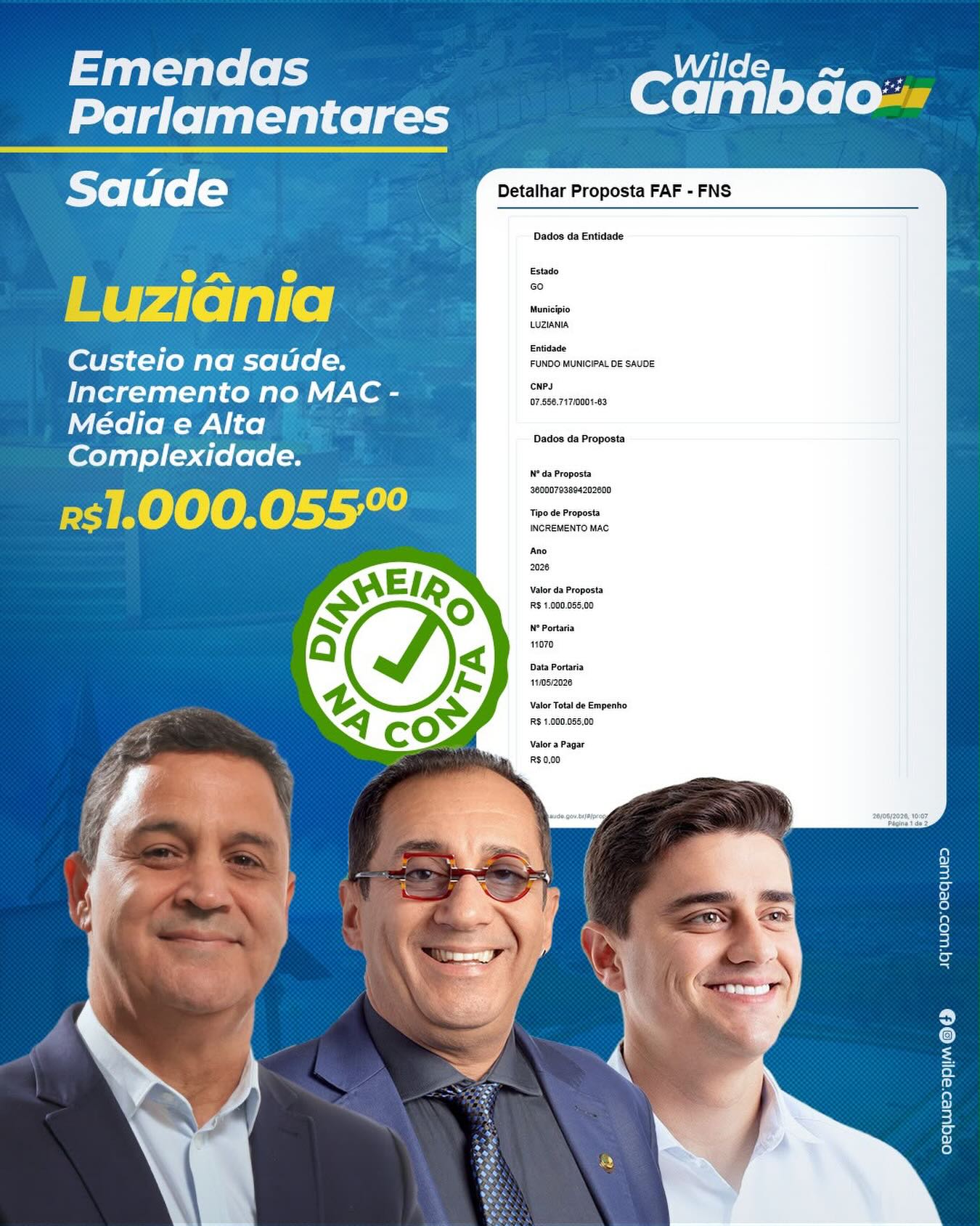 SAÚDE • LUZIÂNIA 

👉🏽 Dinheiro na conta ✅

Já está disponível ao beneficiário: Fundo Municipal de Luziânia, o recurso de ➡️ R$ 1.000, 055,00, que é resultado de repasse de recursos do Fundo Nacional de Saúde (FNS), realizado na modalidade Fundo a Fundo (FAF), por solicitação do Senador Jorge Kajuru e a pedido do Deputado Estadual Wilde Cambão, para custeio da saúde do município. 
.
.
#WildeCambão #DeputadoEstadual #Alego #DinheironaConta #Saúde